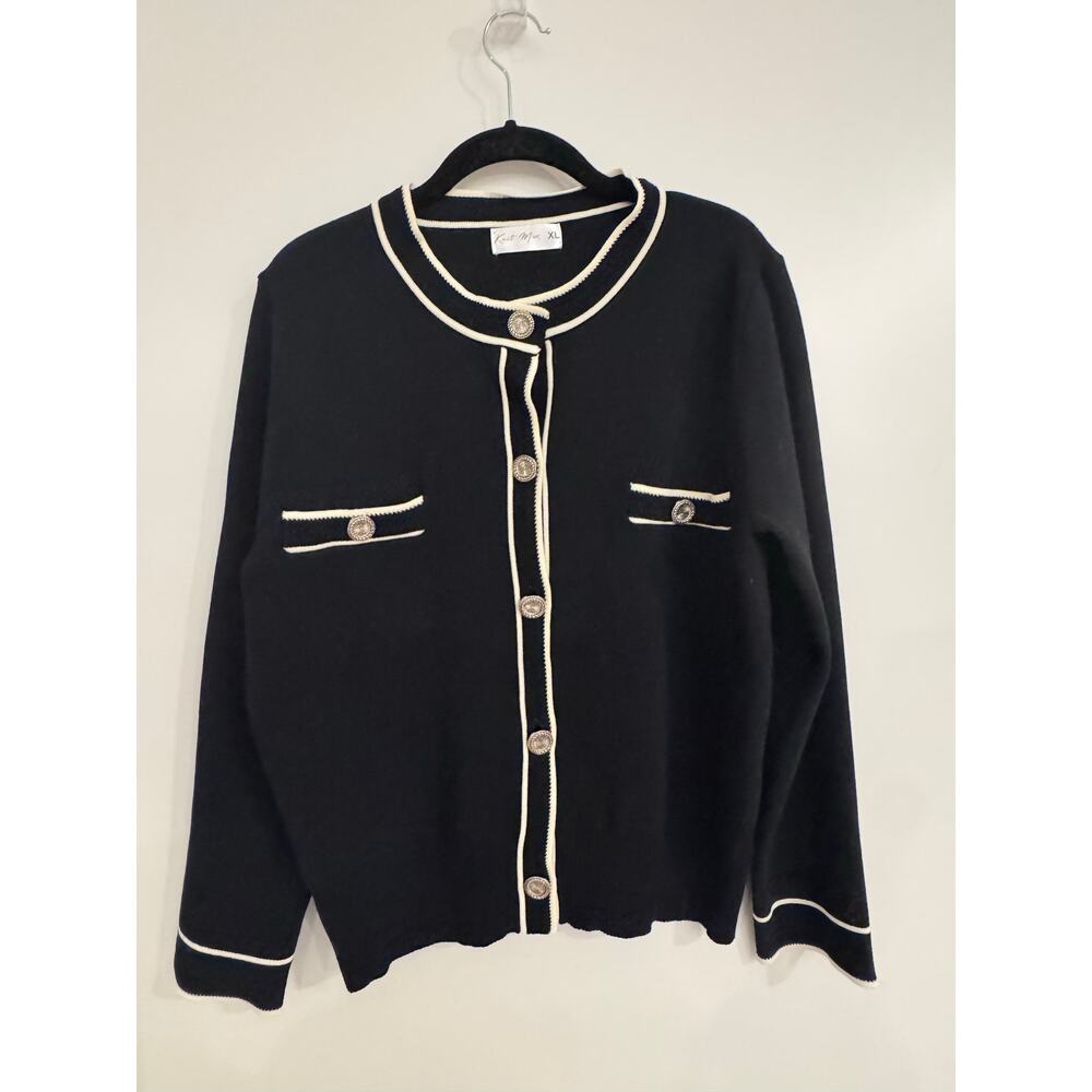 Knit Mix Frenchy Black Contrast Trim Cardigan Size XL Gold Button Sweater - Picture 2 of 12